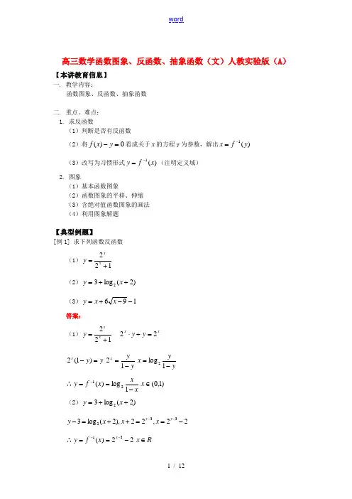 高三数学函数图象、反函数、抽象函数(文)人教实验版(A)知识精讲