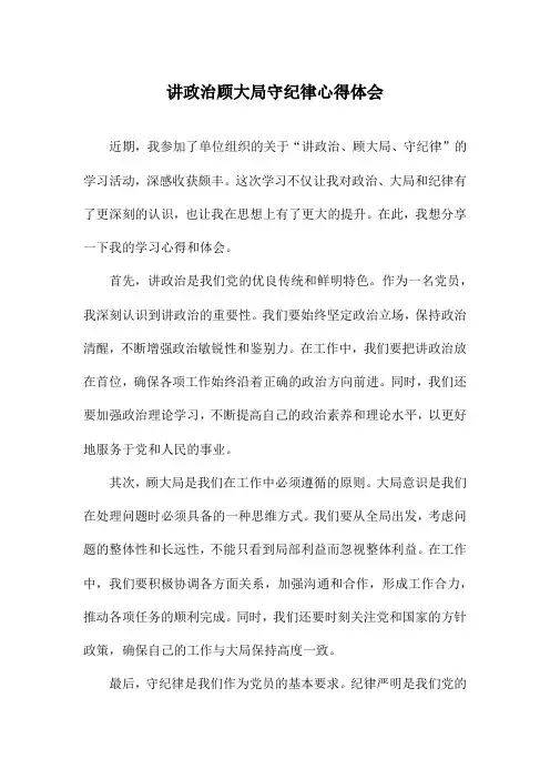 讲政治顾大局守纪律心得体会