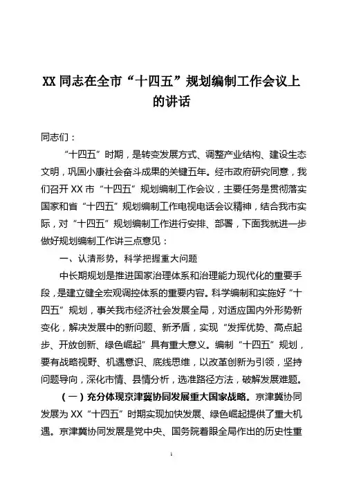 XX同志在全市“十四五”规划编制工作会议上的讲话