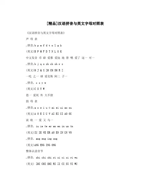 汉语拼音与英文字母对照表