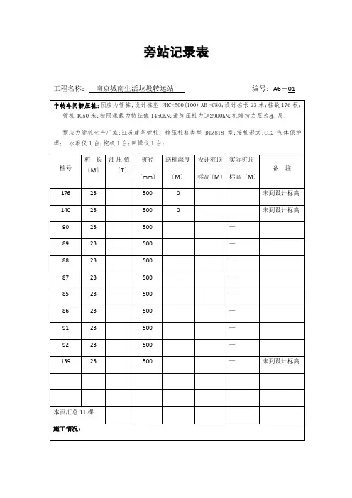 静压桩旁站记录