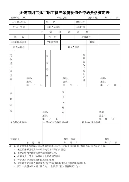 因工死亡职工供养亲属抚恤金待遇申请表