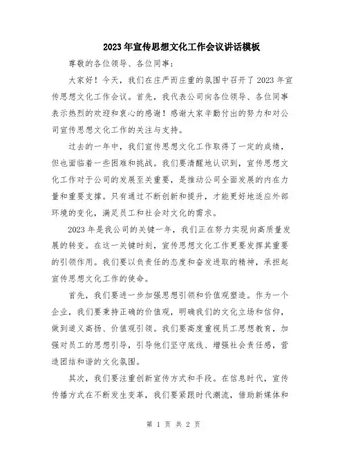 2023年宣传思想文化工作会议讲话模板