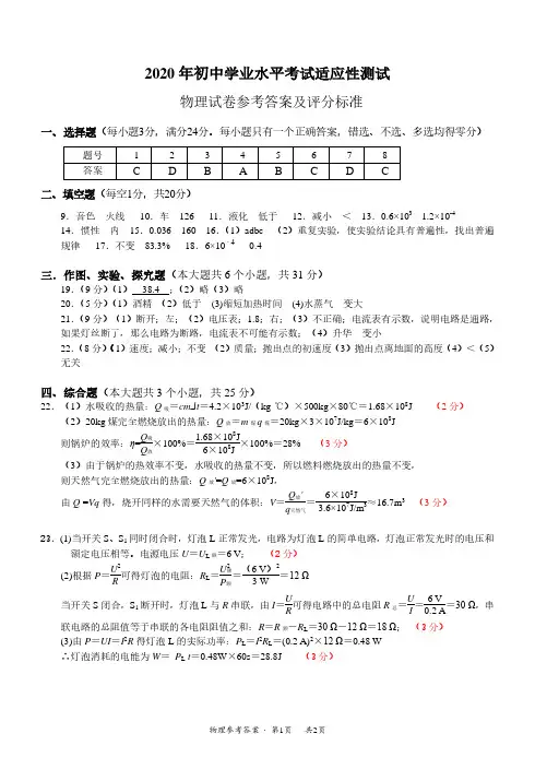 2020年适应性测试物理答案