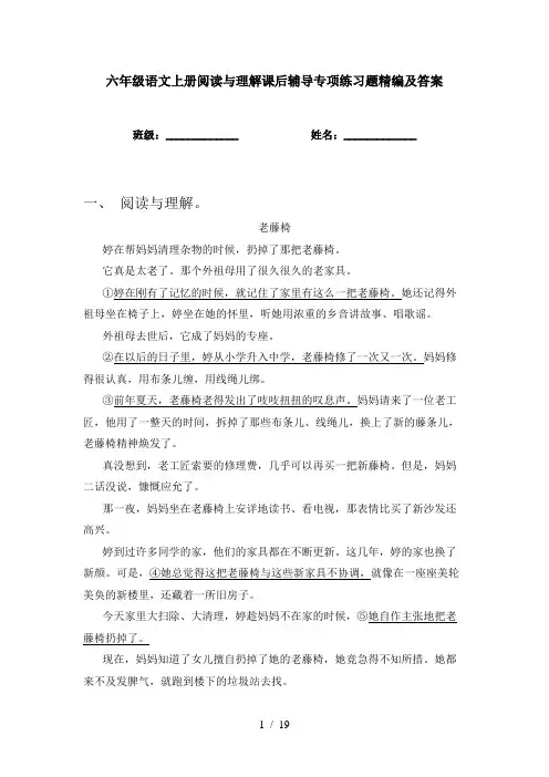 六年级语文上册阅读与理解课后辅导专项练习题精编及答案