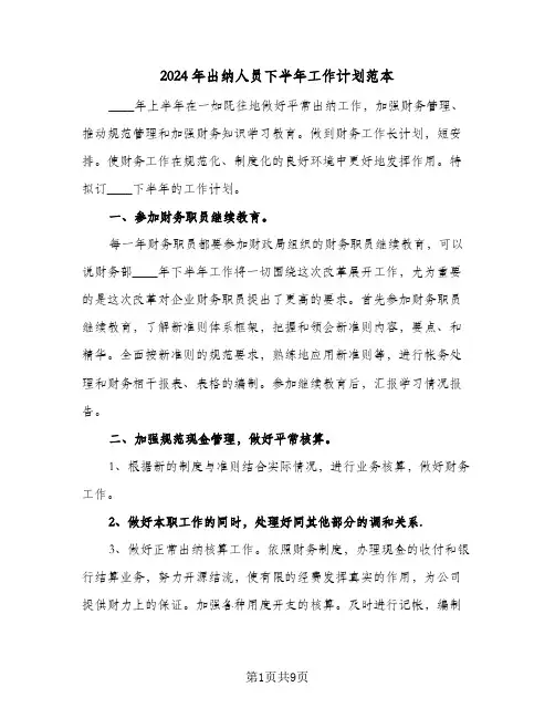 2024年出纳人员下半年工作计划范本（五篇）