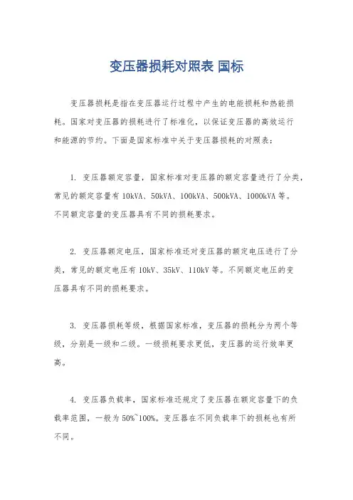 变压器损耗对照表 国标