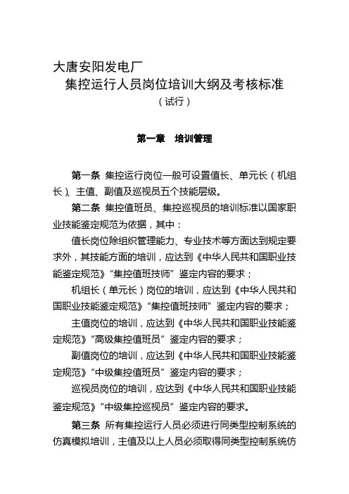 大唐安阳发电厂集控运行人员岗位培训大纲及考核标准