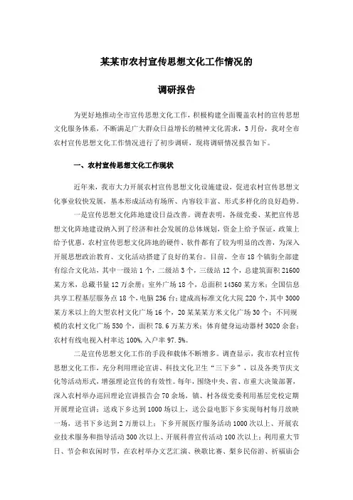 某某市农村宣传思想文化工作情况的调研报告