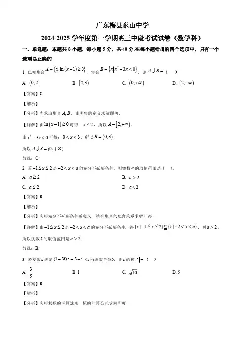 广东省梅县东山中学2024-2025学年高三上学期期中考试数学试题(解析)