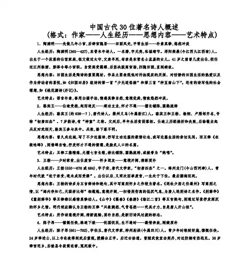 中国古代30位著名诗人概述 经历+思想内容+艺术特色(共9页)