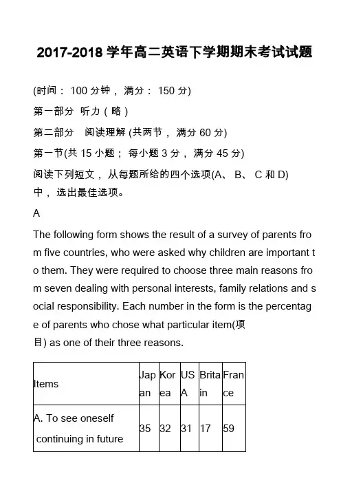 2017-2018学年高二英语下学期期末考试试题