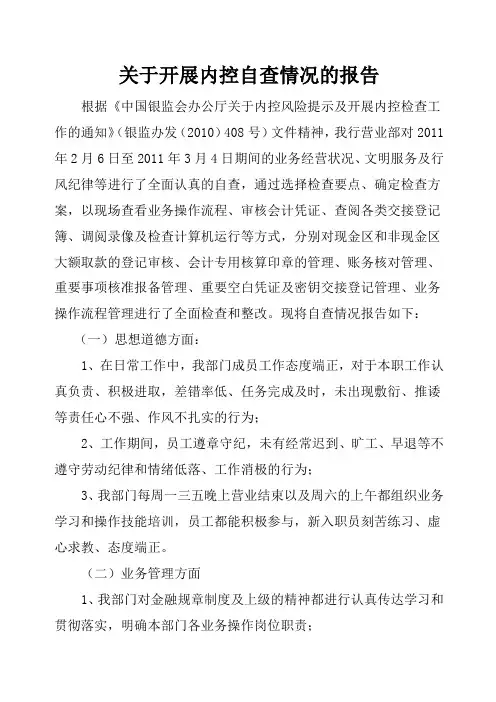 关于开展内控自查情况的报告