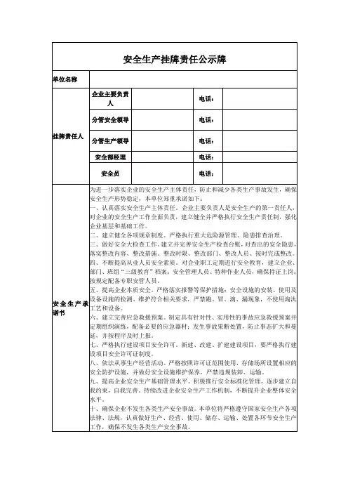 安全生产挂牌责任公示牌