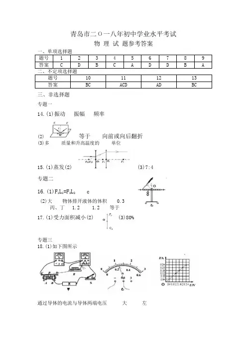 2018年青岛中考物理试题(参考答案)