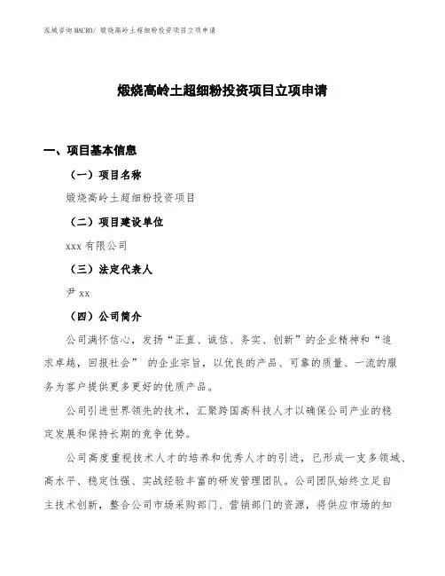 煅烧高岭土超细粉投资项目立项申请