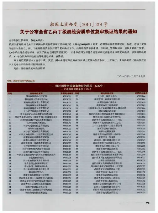湘国土资办发[2010]218号关于公布全省乙丙丁级测绘资质单位复审换证结果的通知