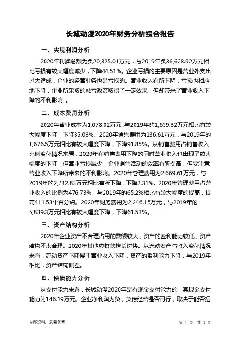 长城动漫2020年财务分析结论报告