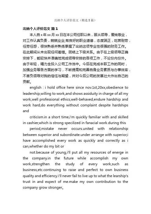 出纳个人评价范文（精选5篇）