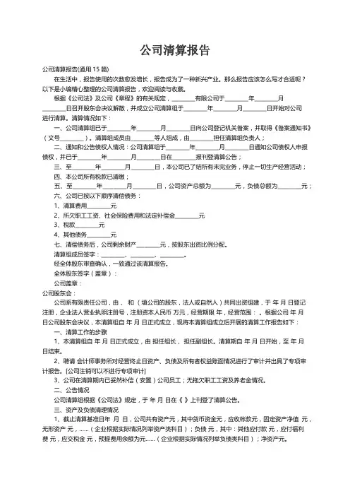 公司清算报告(通用15篇)