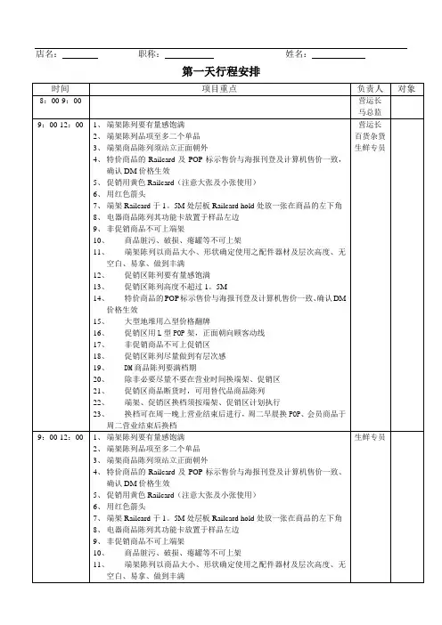 营运部门门店销售巡检行程安排表