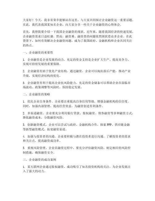 企业融资演讲稿范文