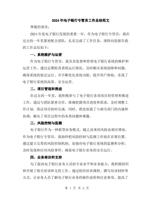2024年电子银行专管员工作总结范文