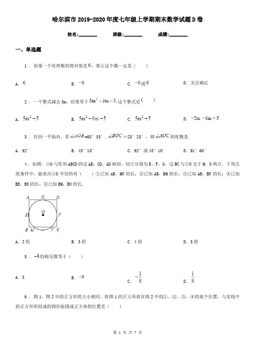 哈尔滨市2019-2020年度七年级上学期期末数学试题D卷