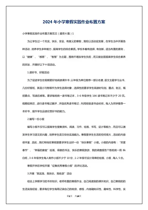 2024年小学寒假实践作业布置方案