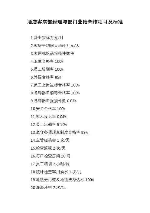酒店客房部经理与部门业绩考核项目及标准