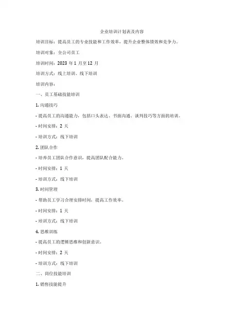 企业培训计划表及内容