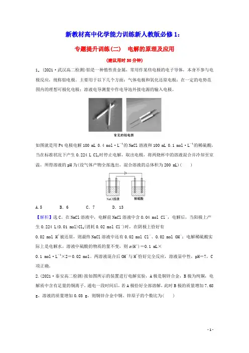 新教材高中化学专题提升训练二电解的原理及应用含解析鲁科版选择性必修1