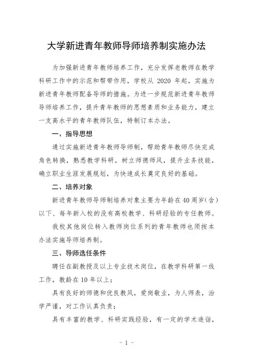 大学新进青年教师导师培养制实施办法