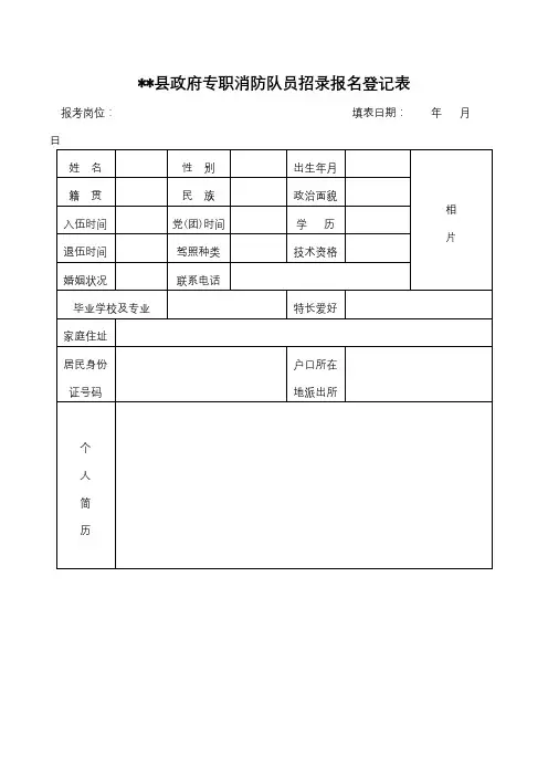 XX县政府专职消防队员招录报名登记表【模板】