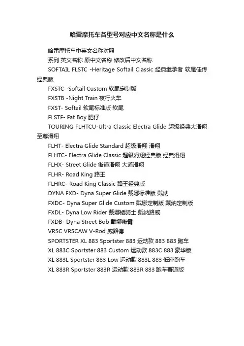 哈雷摩托车各型号对应中文名称是什么