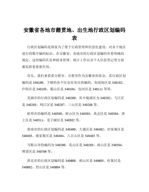 安徽省各地市籍贯地、出生地行政区划编码表