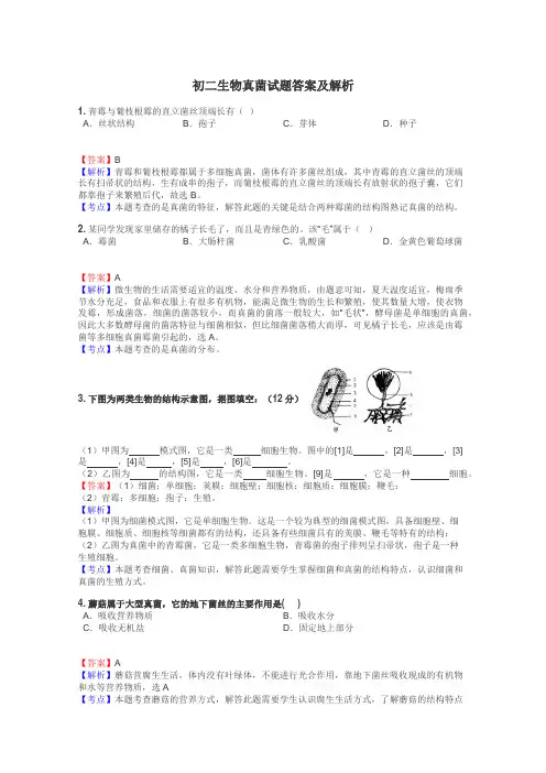 初二生物真菌试题答案及解析
