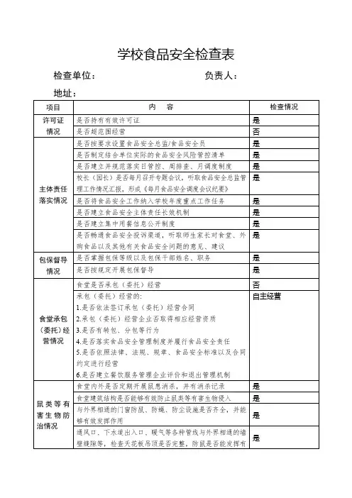 学校食品安全检查表及期初食品安全检查表