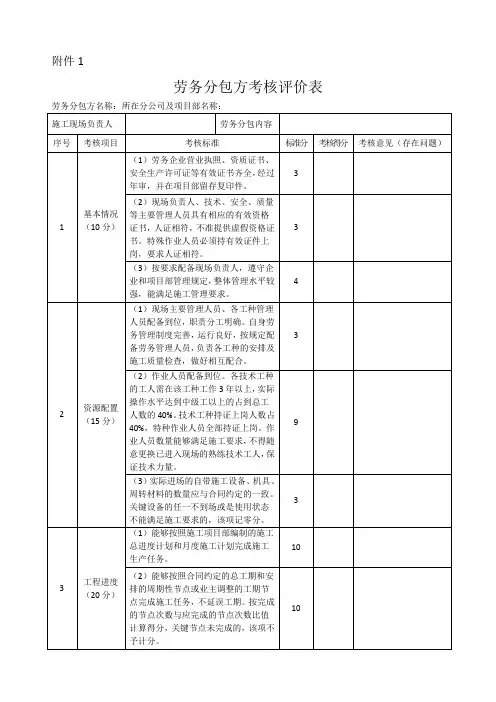 劳务分包方考核评价表格附表