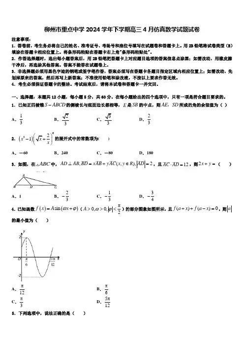柳州市重点中学2024学年下学期高三4月仿真数学试题试卷