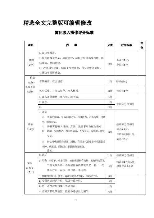 最新雾化吸入操作评分标准全文编辑修改