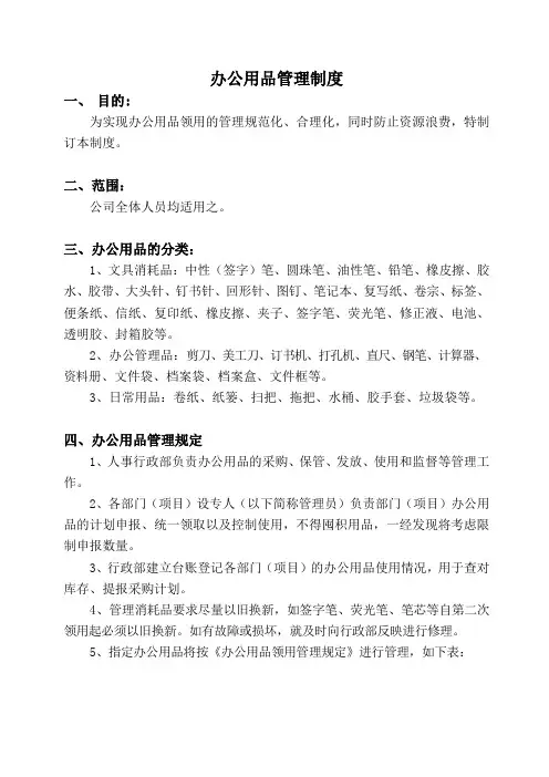 公司办公用品管理制度及流程