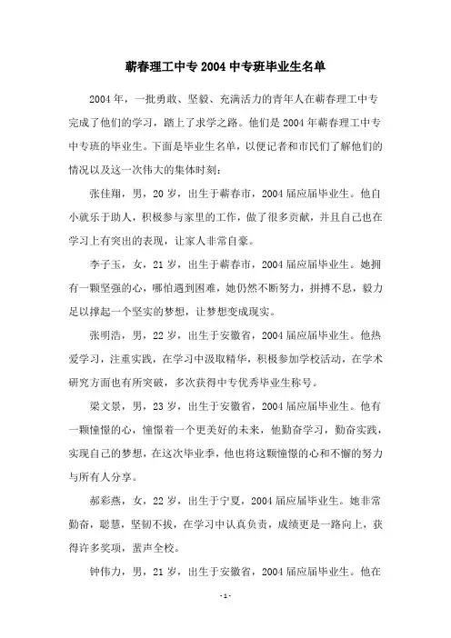 蕲春理工中专2004中专班毕业生名单