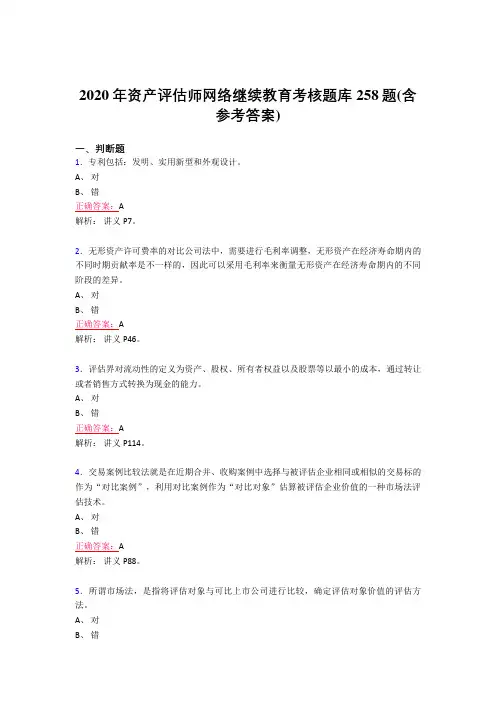 最新资产评估师网络继续教育完整考题库258题(含答案)