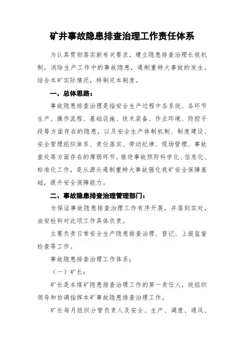 矿井事故隐患排查治理工作责任体系