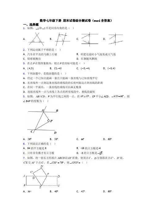 数学七年级下册 期末试卷综合测试卷(word含答案)