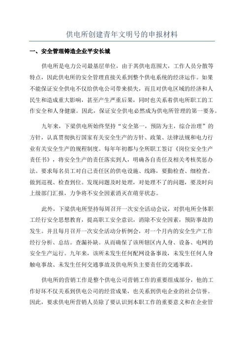 供电所创建青年文明号的申报材料