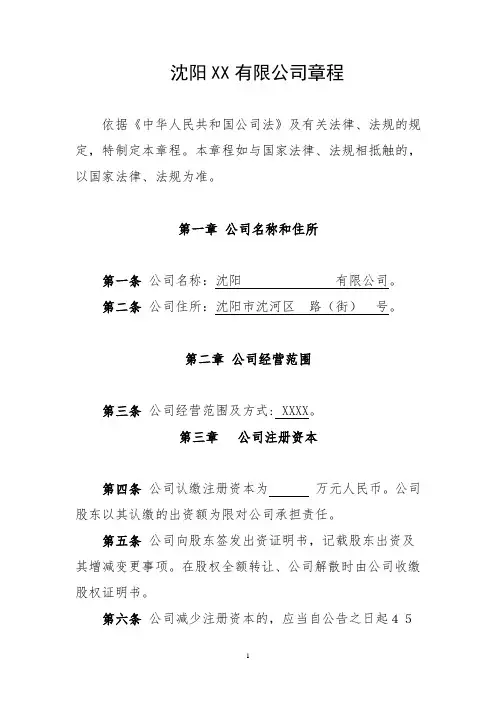 沈阳 公司章程(一个股东不设董事会不设监事会)