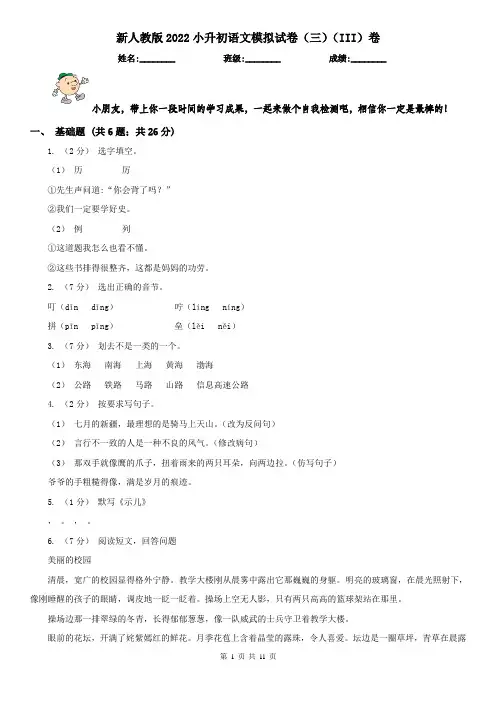 新人教版2022小升初语文模拟试卷（三）（III）卷
