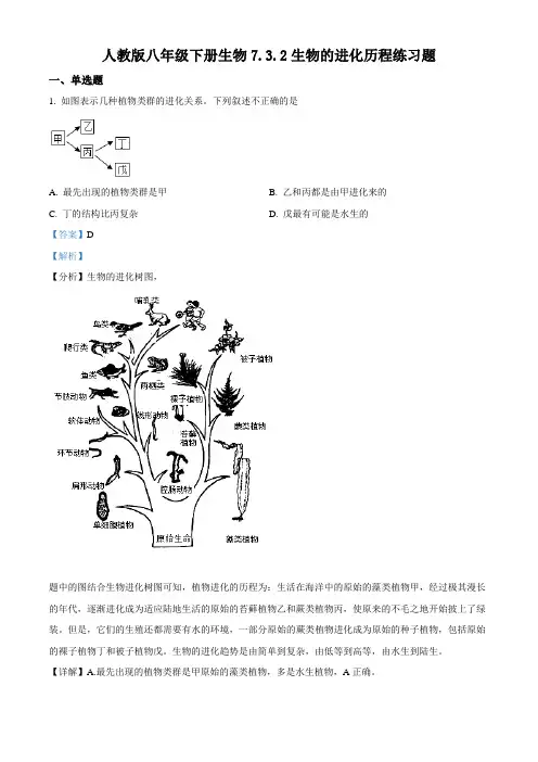 人教版八年级下册生物 7.3.2生物的进化历程 练习题(解析版)